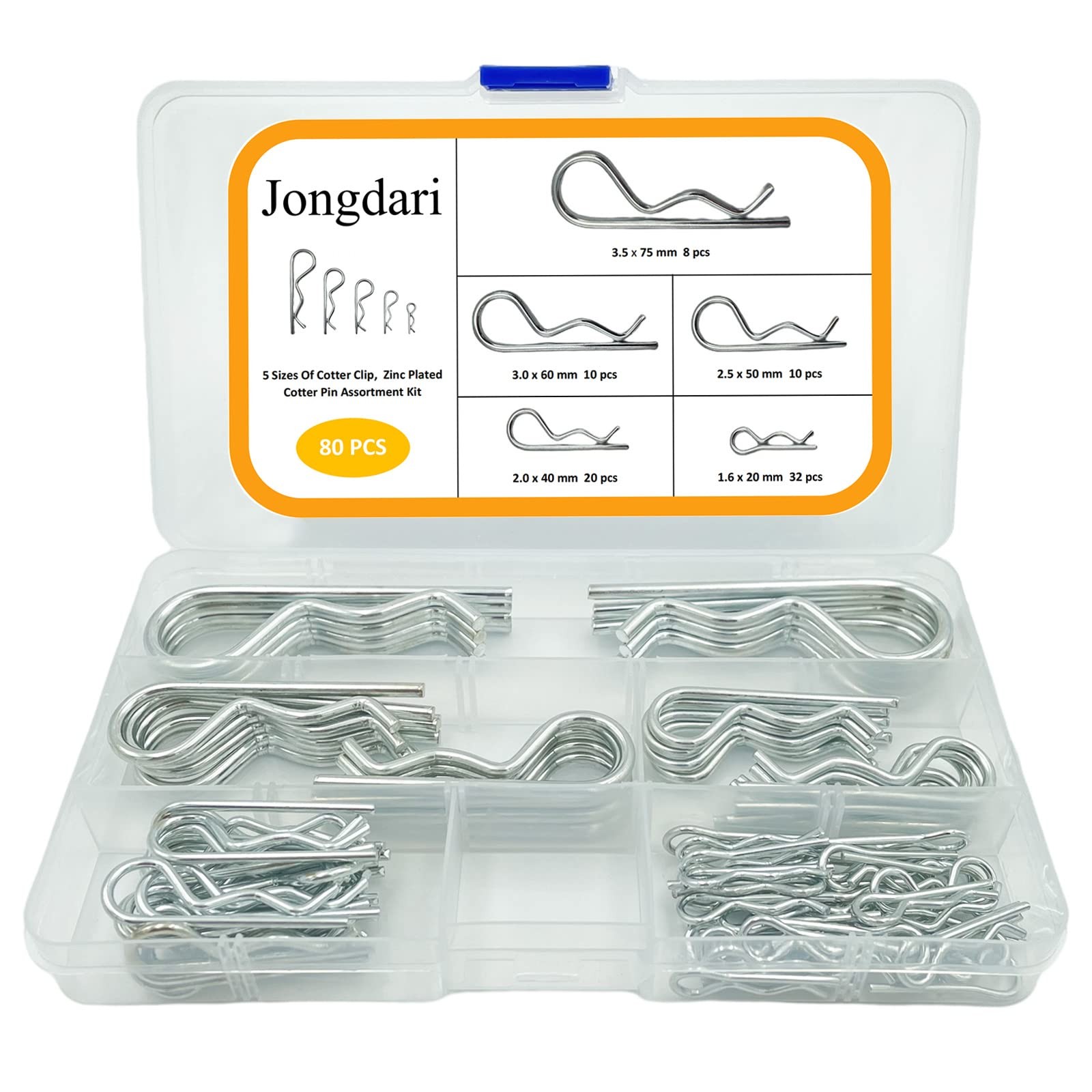 Jongdari Cotter Pins, 80 Pcs Zinc Plated Spring Fastener Assortment Kit, Heav...