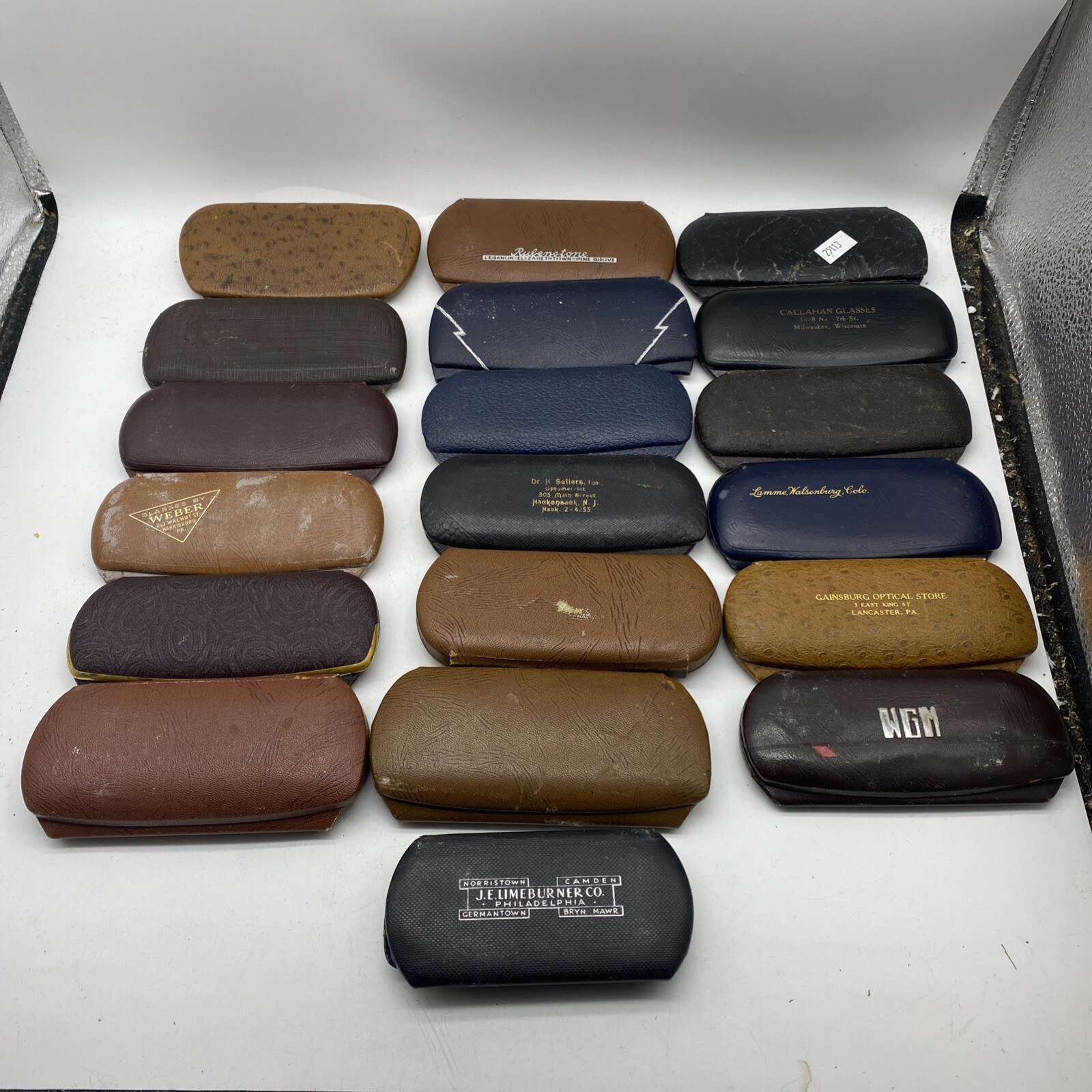 19 Antique LEATHER EYEGLASS CASES HOLDERS GLASSES PA NJ COLO. EMPTY S19