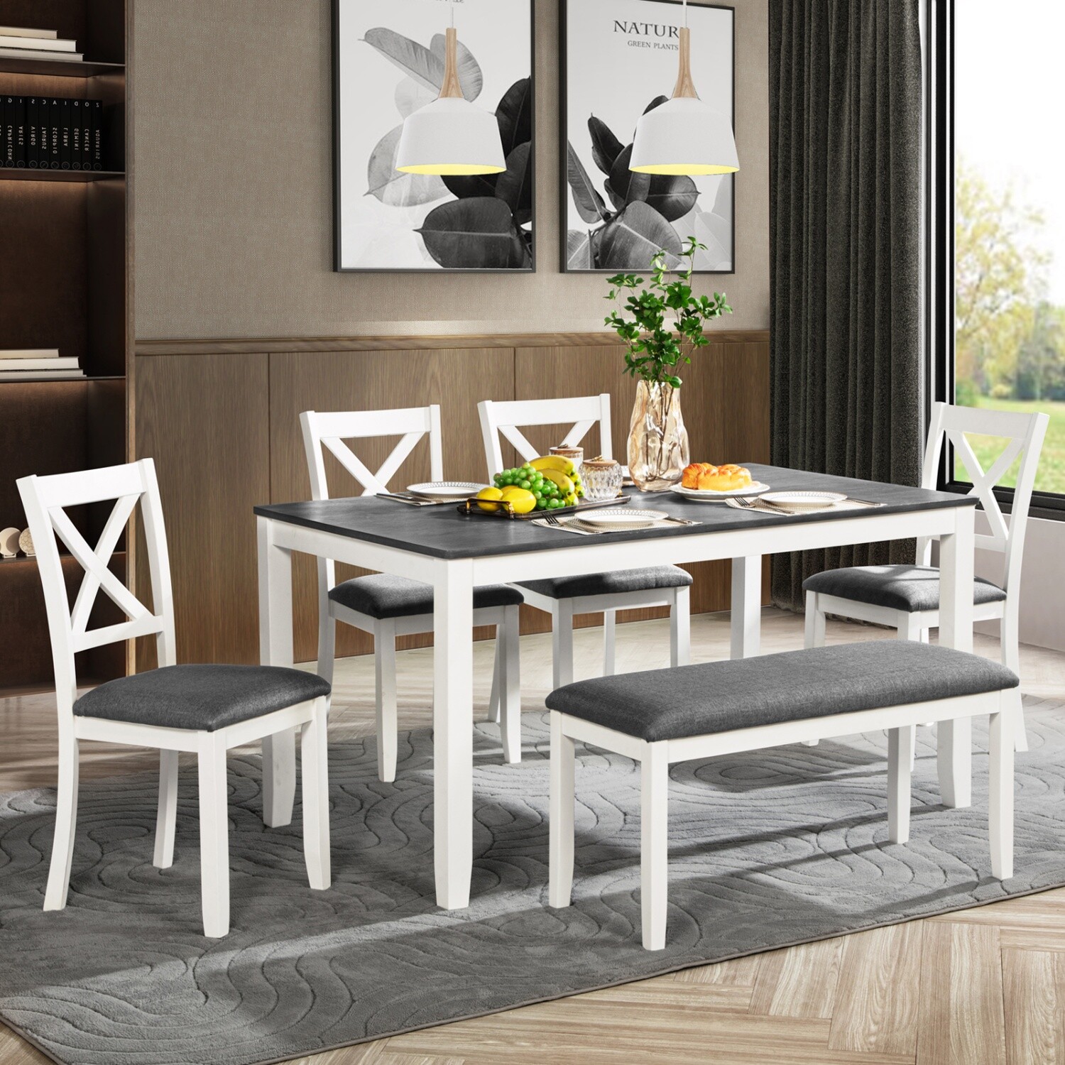 6 Piece Dining Table Set Wooden Dining Table Kitchen Table with 4 Chair & Benchs