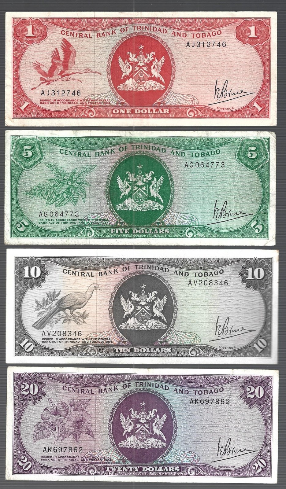 Trinidad and Tobago 💥Bank Act 1964 ... $1 / $5/ $10 / $20 🎇 4 notes lot #4171