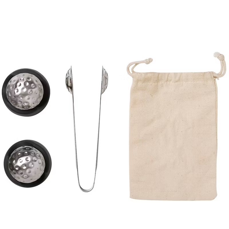Stainless Steel Golf Ball Whiskey Chillers with Storage Bag and Tongs Set of 2
