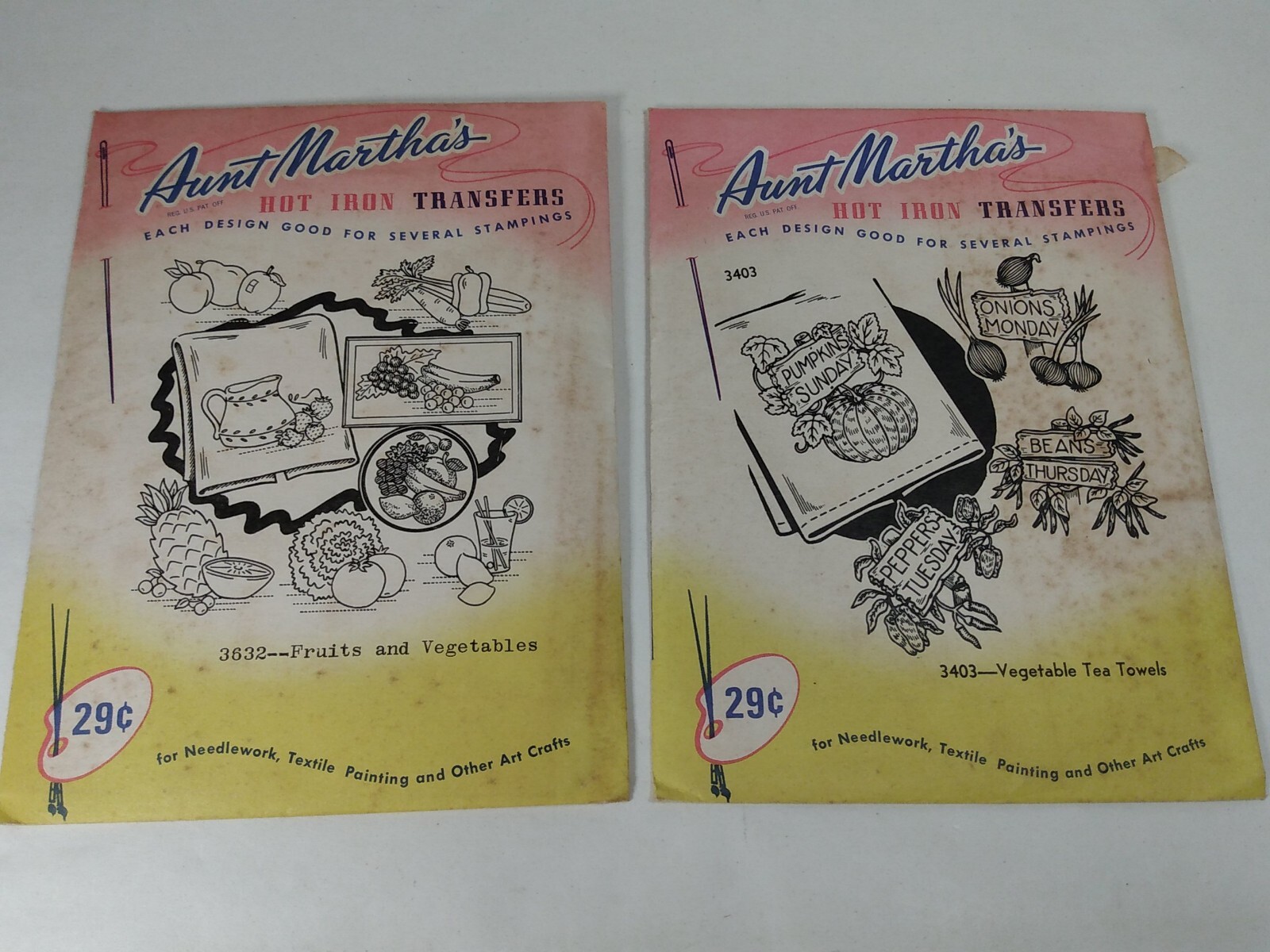 Lot of 2 Fruit & Vegetable #3632 3403 Aunt Martha's Hot Iron Transfer Pattern