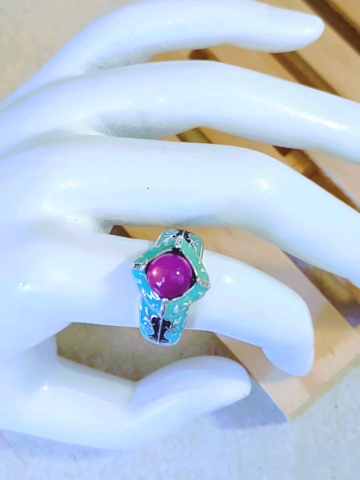 PURPLE  METAPHYSICAL MOONSTONE AND COLORED ENAMEL RHODIUM PLATED RING SIZE  7