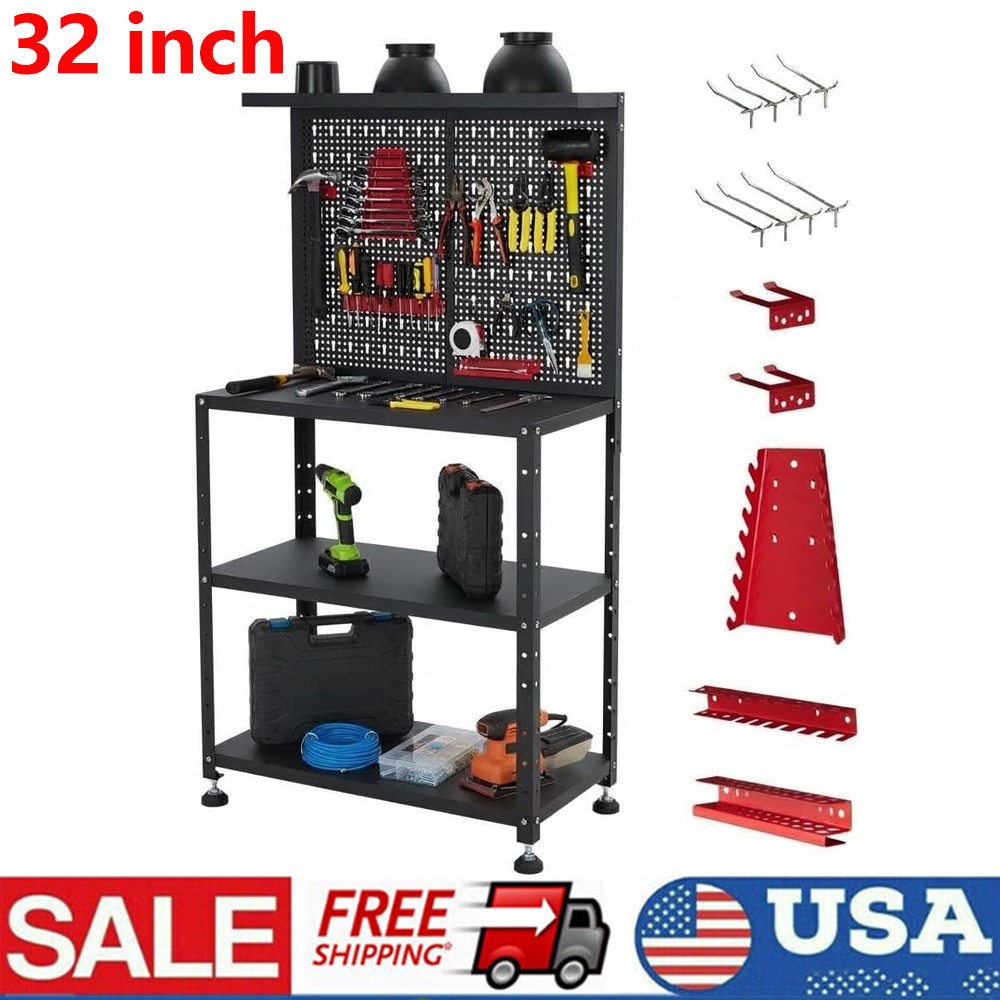 Workbench with 2 Shelves Heavy-Duty Work Table Tool Storage Bench Heavy Duty