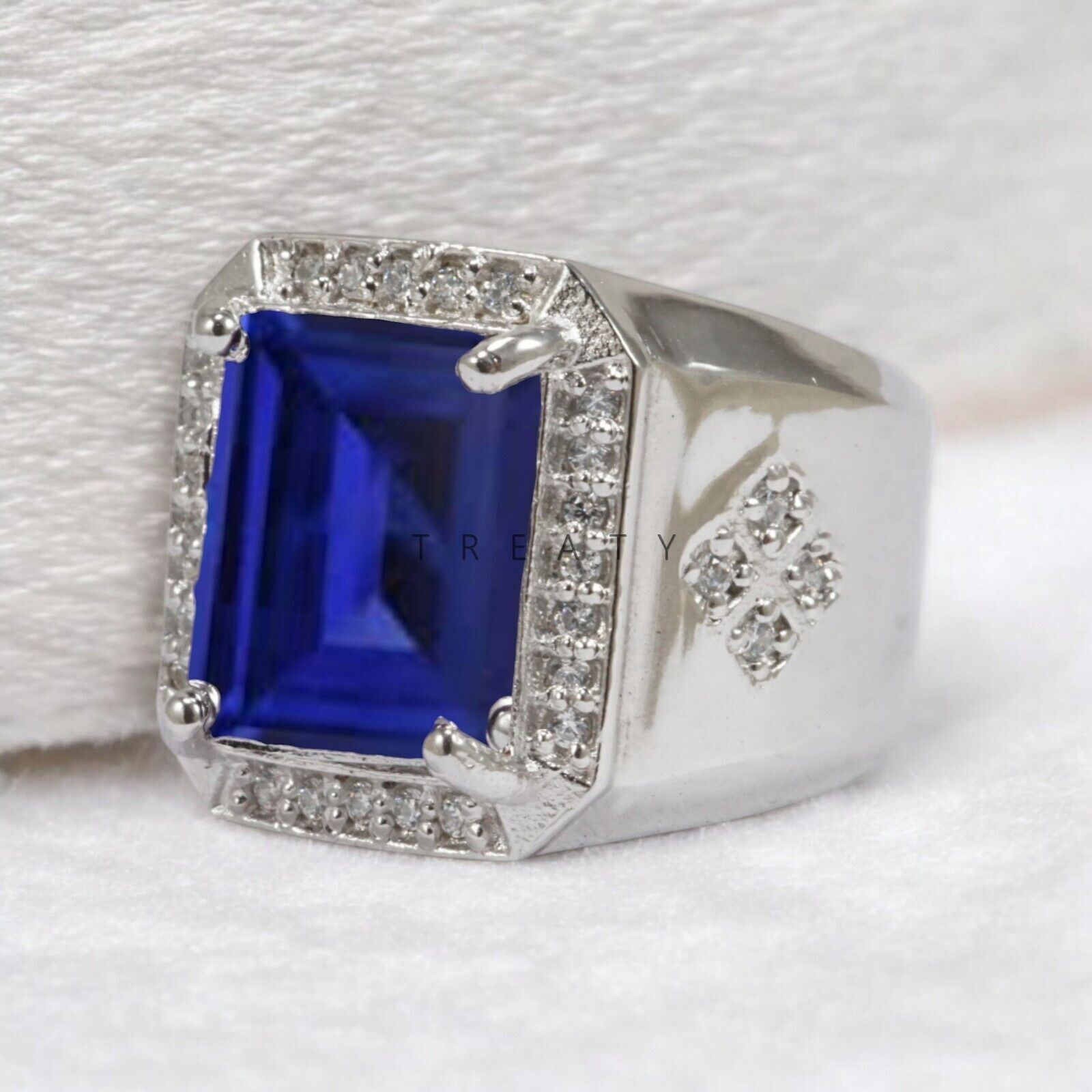 Blue Sapphire Emerald Cut Gemstone With 14K Solid White Gold Ring For Men's #812