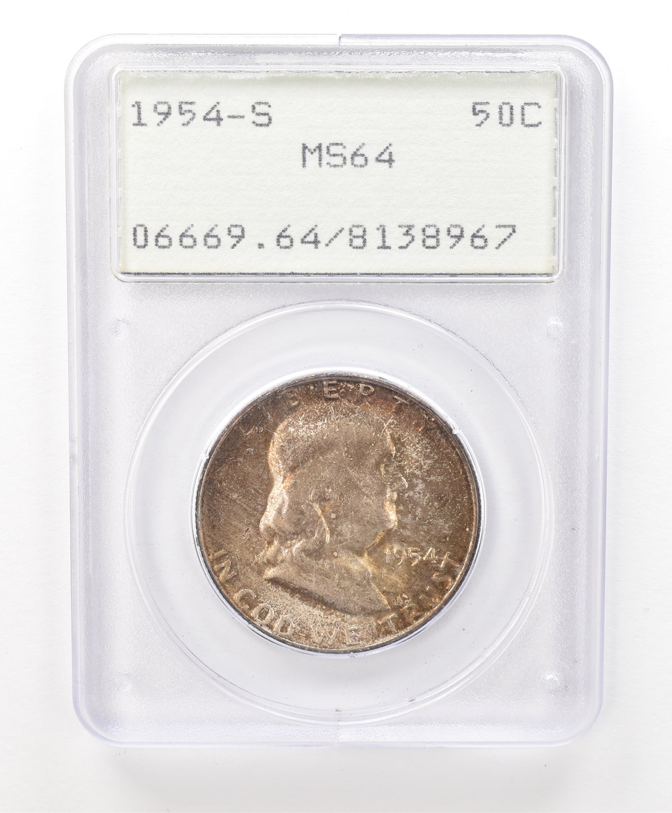 1954-S Franklin Half Dollar MS64 PCGS Rattler Beautiful Tone *6586