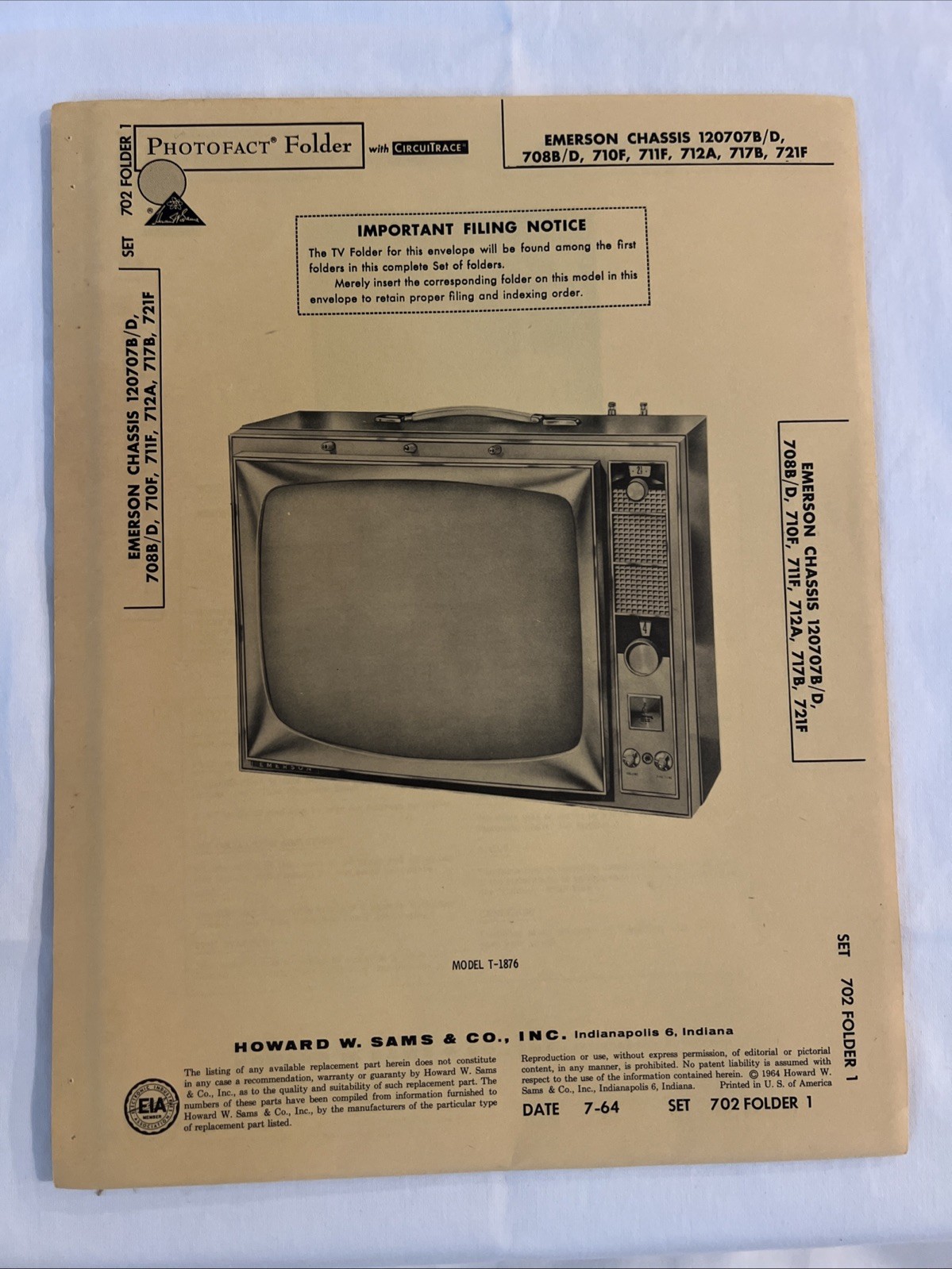 Vintage Sams Photofact Schematic 7-1964 EMERSON CHASSIS 120707B/D708B/ D, 710F,