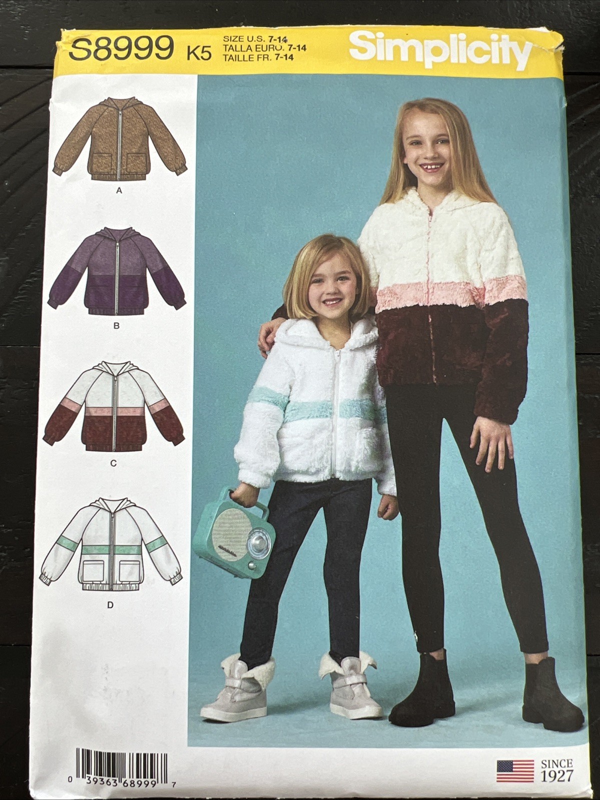 UNCUT Simplicity S8999 Girls Knit Hooded Jacket K5 (7-14) Sewing Pattern