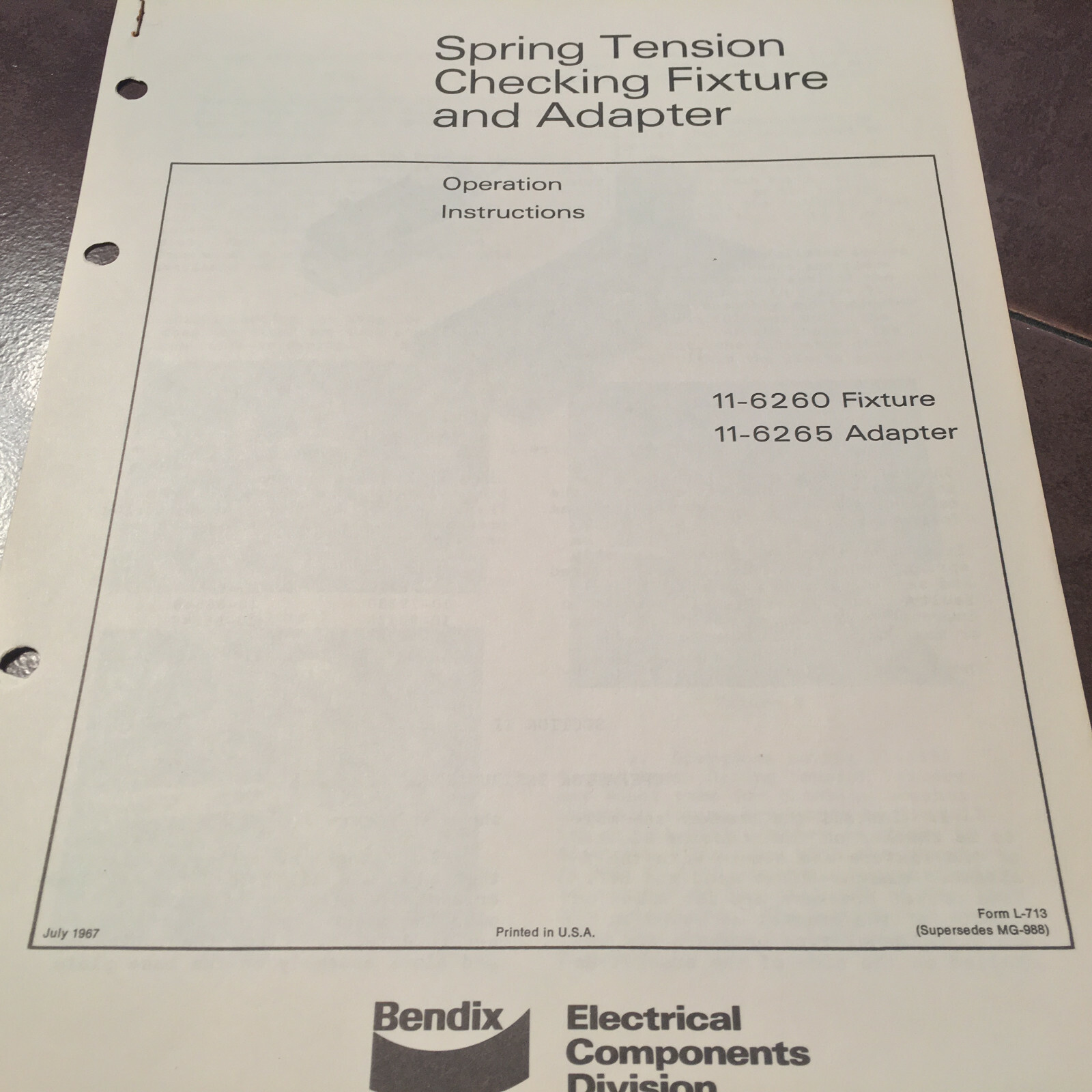 Bendix 11-6260 Fixture & 11-6265 Adapter Operating Instructions Booklet