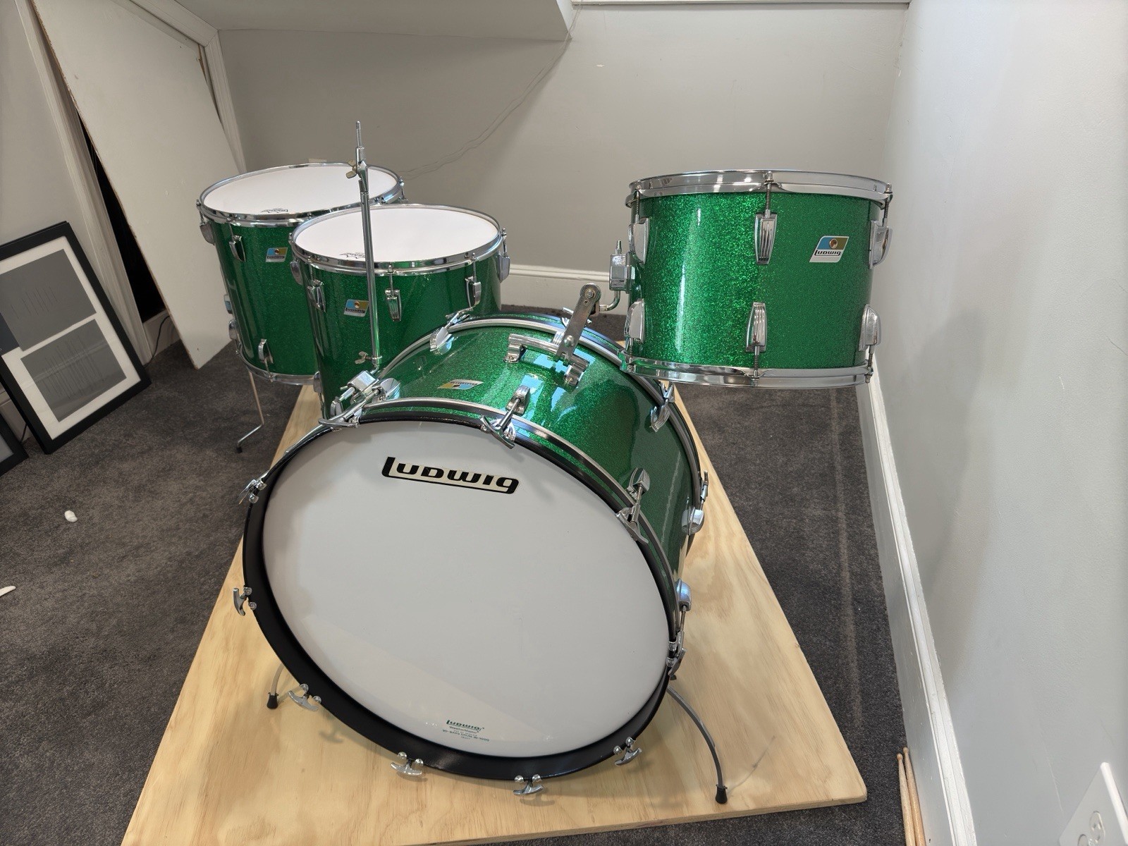 1973 Vintage Ludwig Green Sparkle 3ply Bonham Drum Kit 14x26 10x14 16x16 16x18