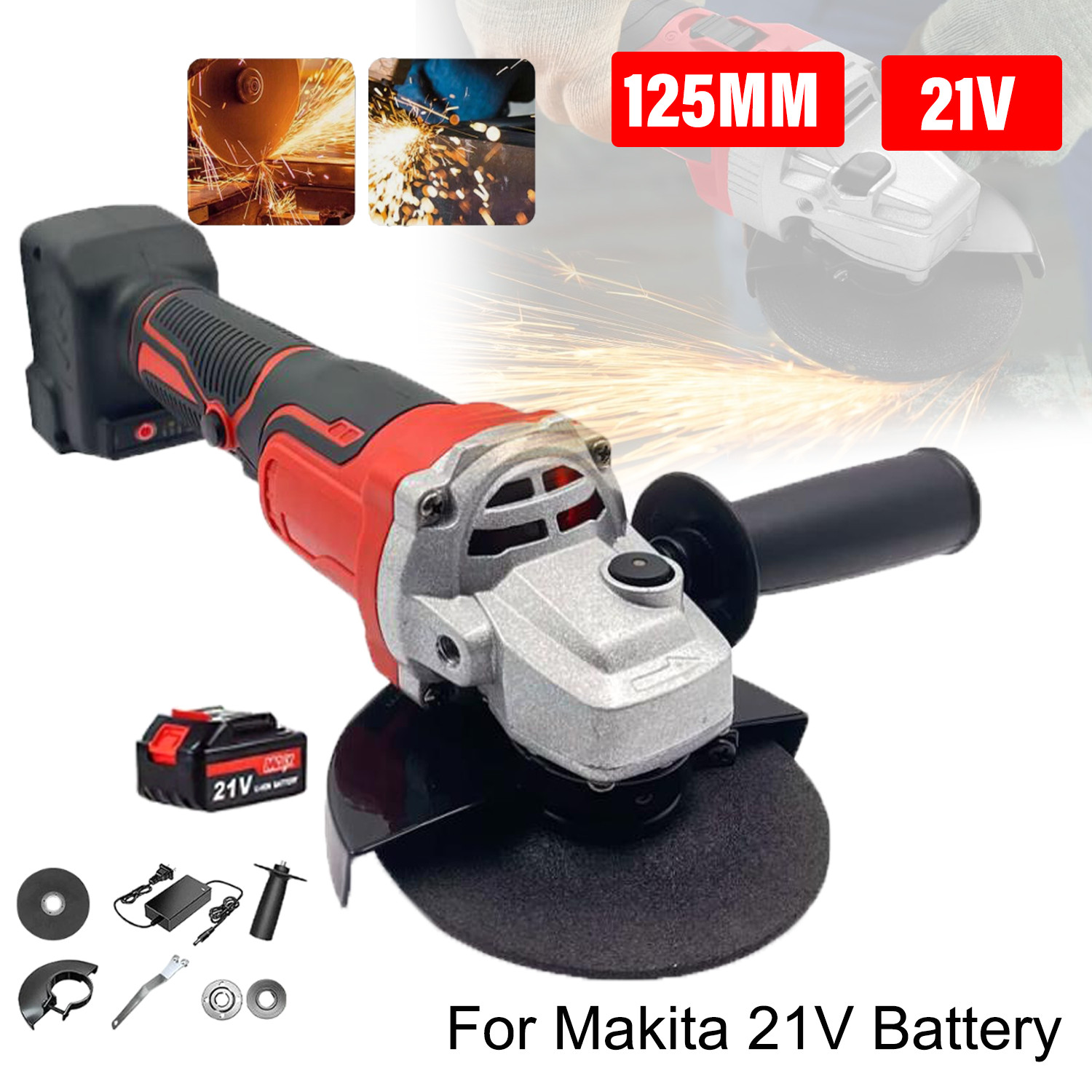 21V Cordless Angle Grinder Kit Power Tool Sander 9000RPM With 1 Battery & Charge
