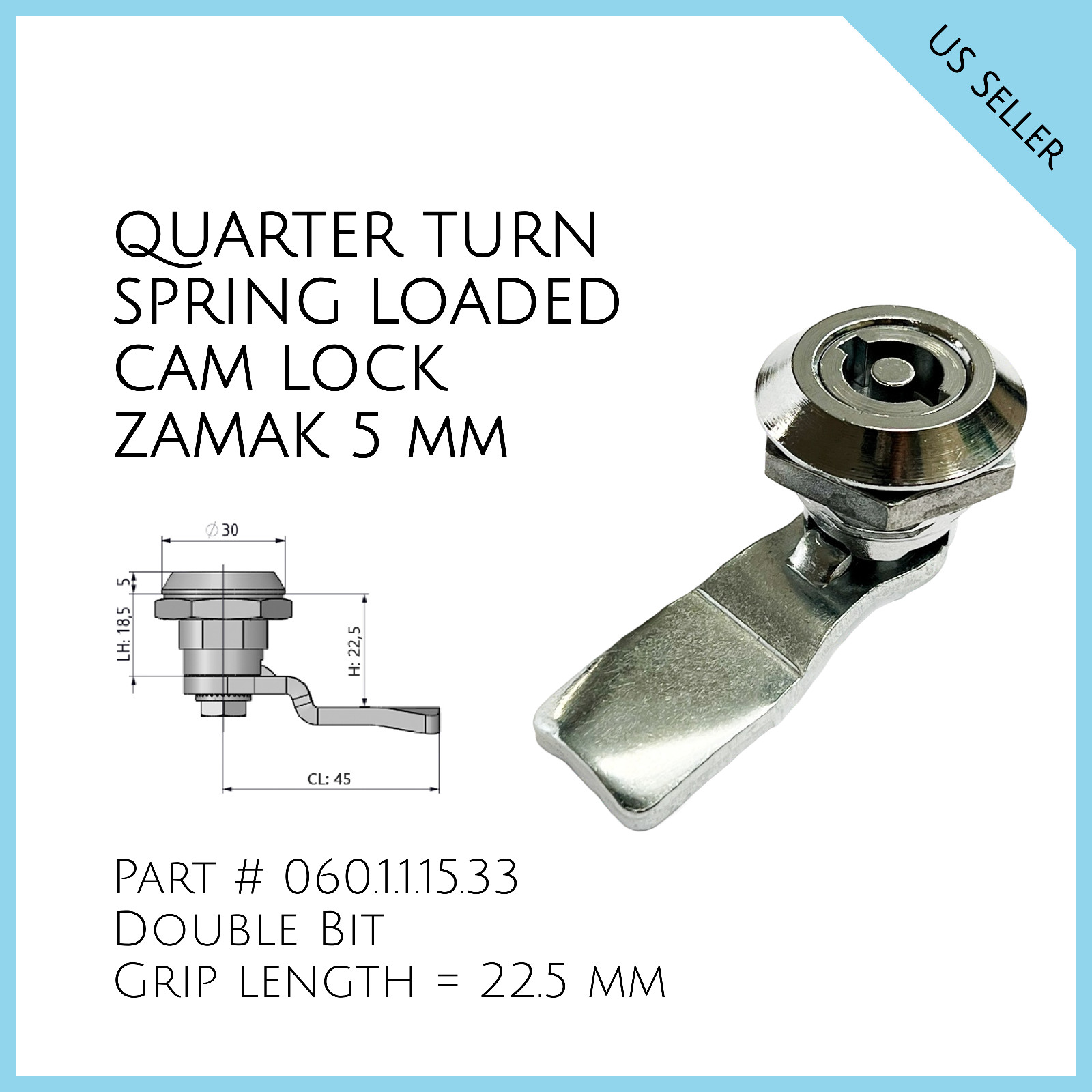 Quarter Turn Spring Loaded Cam Lock Zamak 5mm Double Bit Part # 060.1.1.15.33