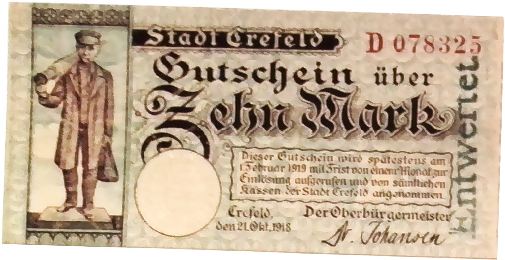1918 Germany CREFELD 10 Mark Banknote
