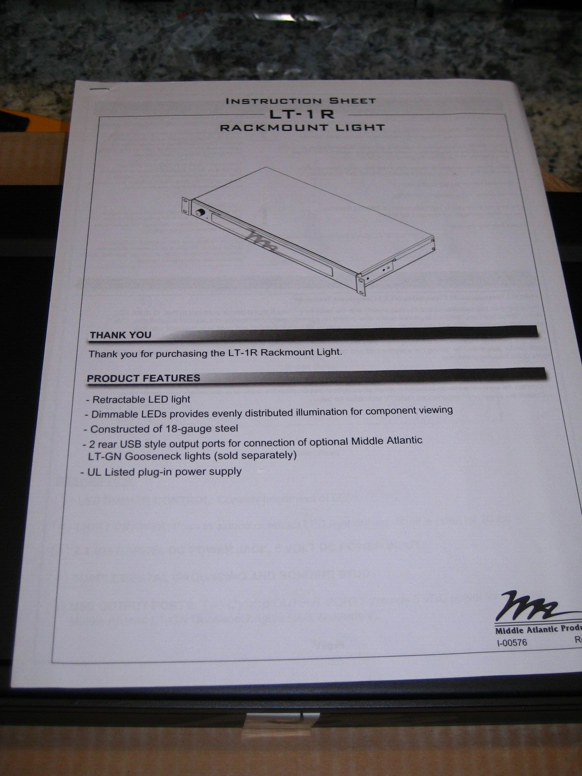 Middle Atlantic Products Rack Light Model LT-1R w/Dimmer - New