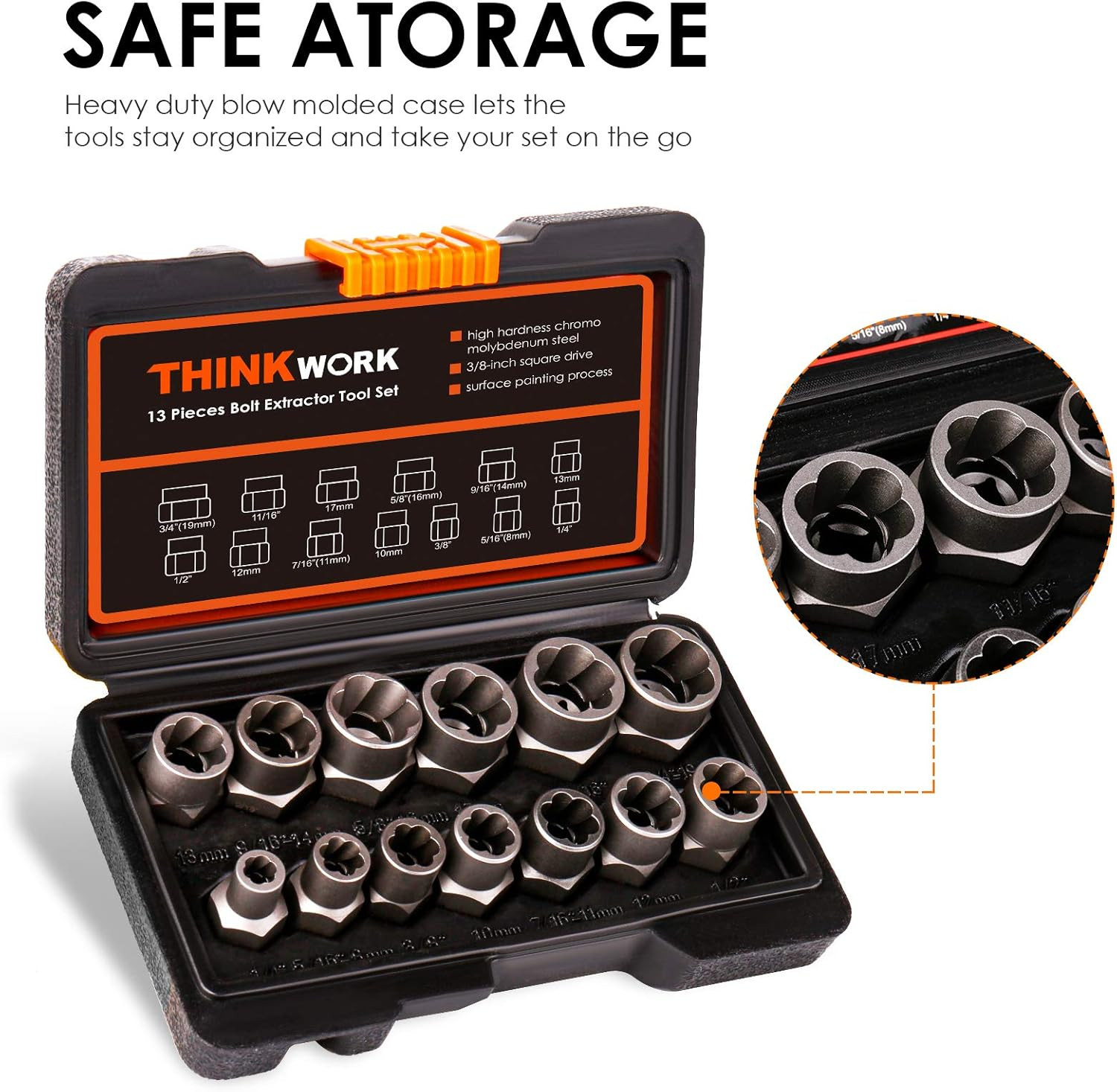 Bolt Extractor Kit, 13+1 Pieces Nut Extractor Socket Set, 3/8" Drive Rounded Bol