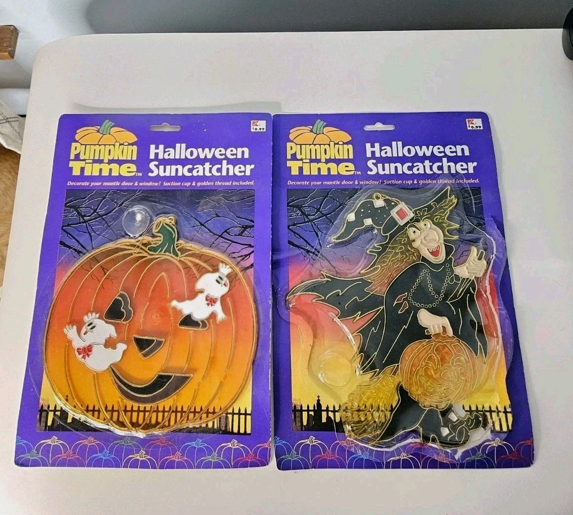 Set Of 2 - Vintage Halloween Suncatcher Pumpkin and Witch Plastic - NEW
