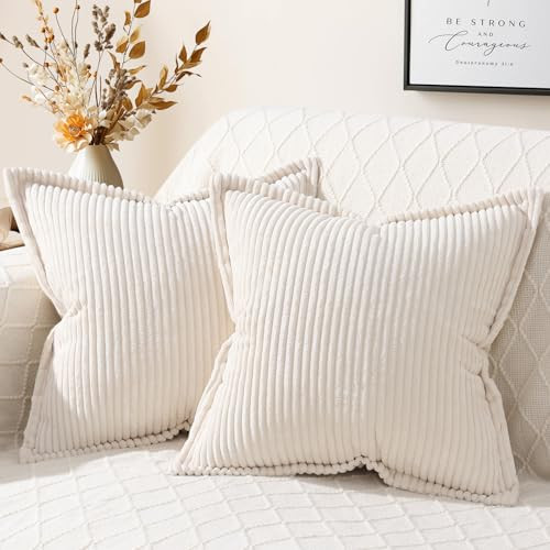 Corduroy Pillow Covers 20x20 Inch Set of 2, Striped Decorative Square Spring