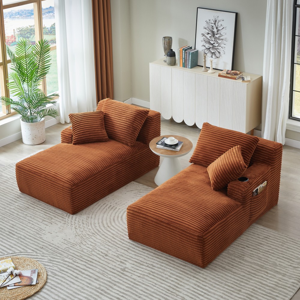 Compressible Double Chaise Sofa w/ Cupholders & Corduroy - No Assembly