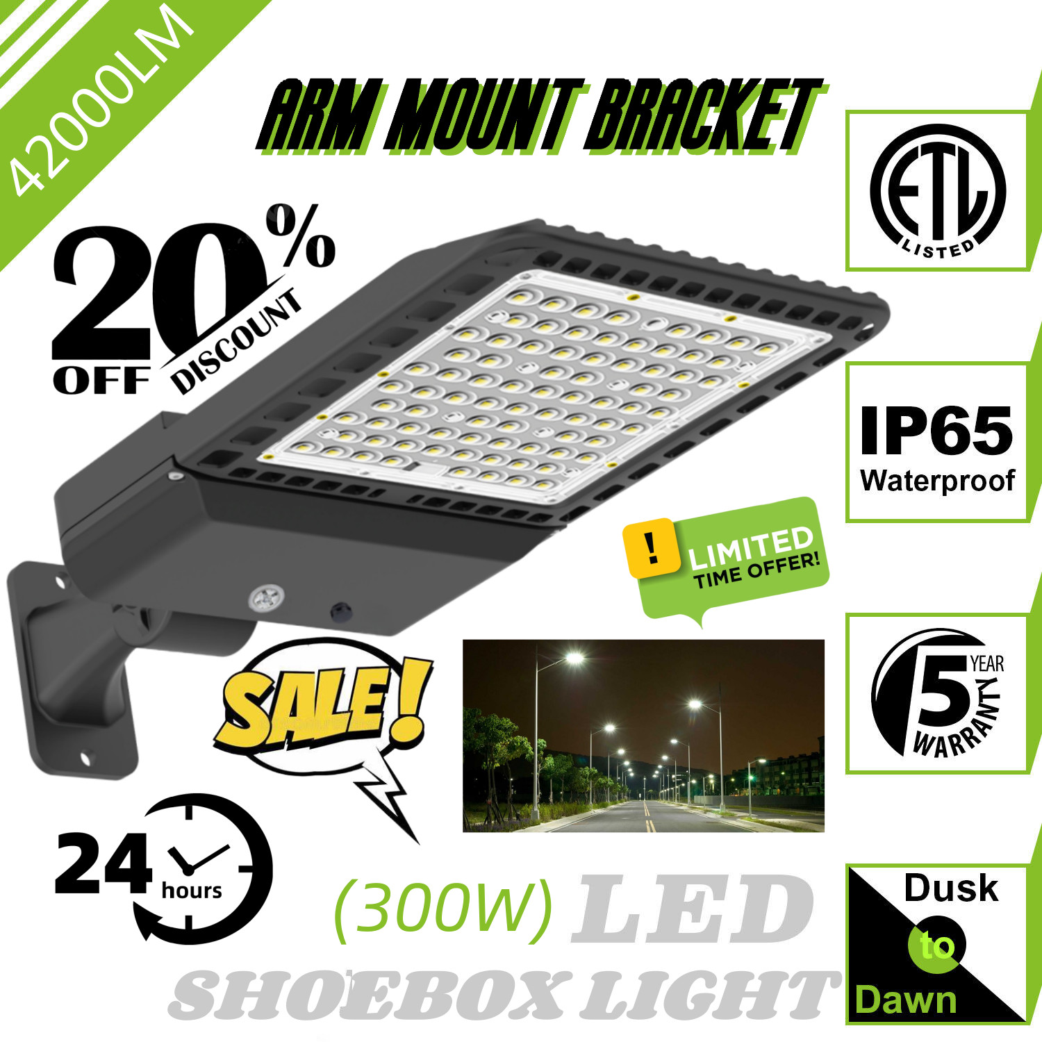 LED Parking Lot Light 300W Outdoor Commercial Shoebox Fixture Light Dusk to Dawn