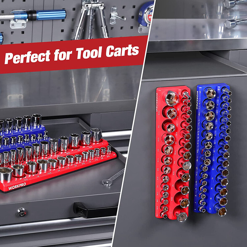 WORKPRO 2PC 3/8" Magnetic Socket Organizer Set SAE & Metric Socket Holders Carts