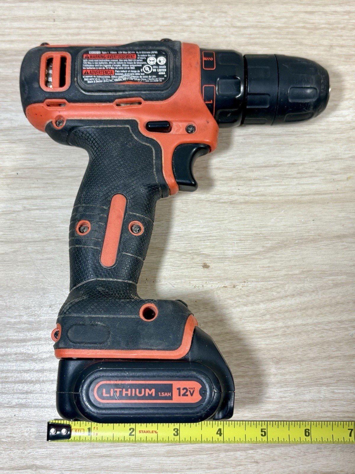 Black + Decker 12V Lithium Ion Drill BDCDD12 w/Battery-No charger-Used Tested.