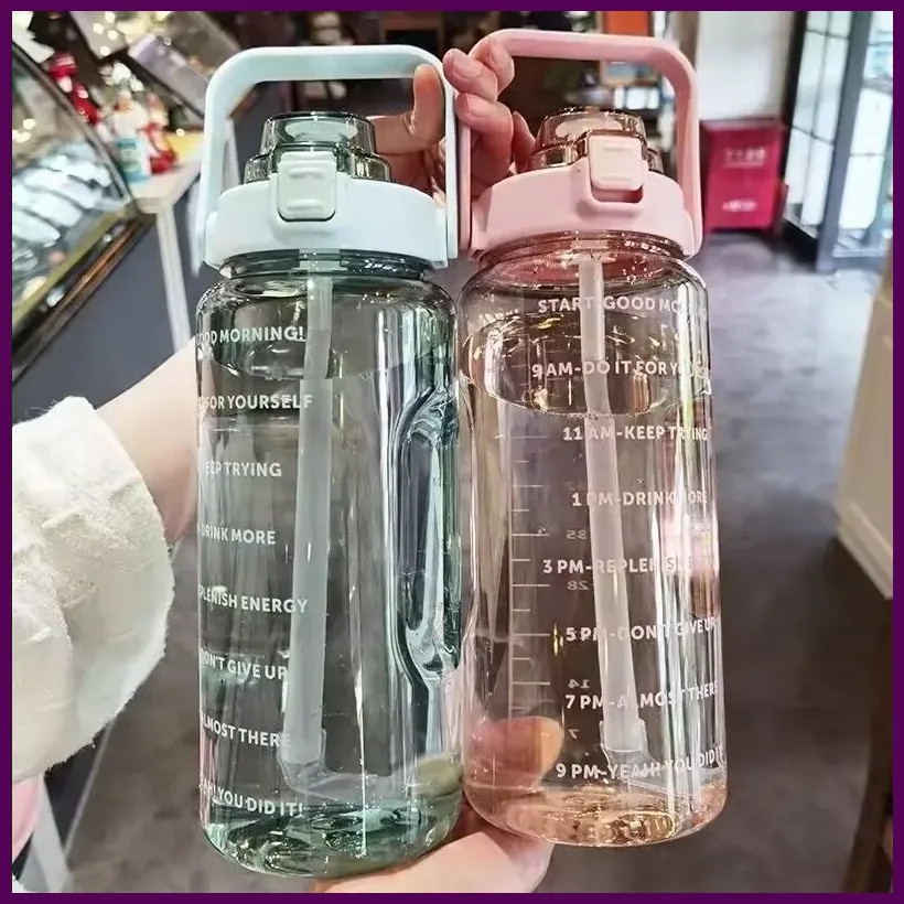 2 Liters Straw Plastic Water Bottle Large Portable Travel Bottle Sports Fitness