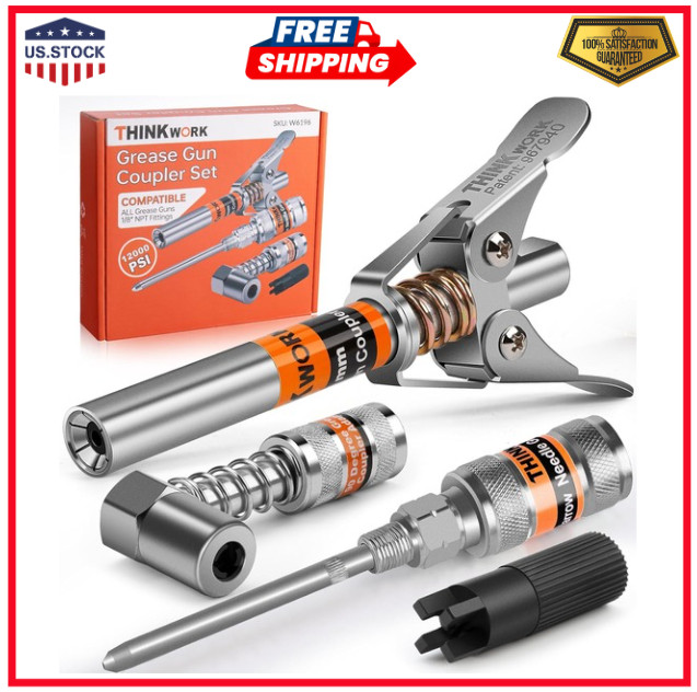 Grease Gun Coupler Set, Double Handle Extra Reach Strong Lock on Greases