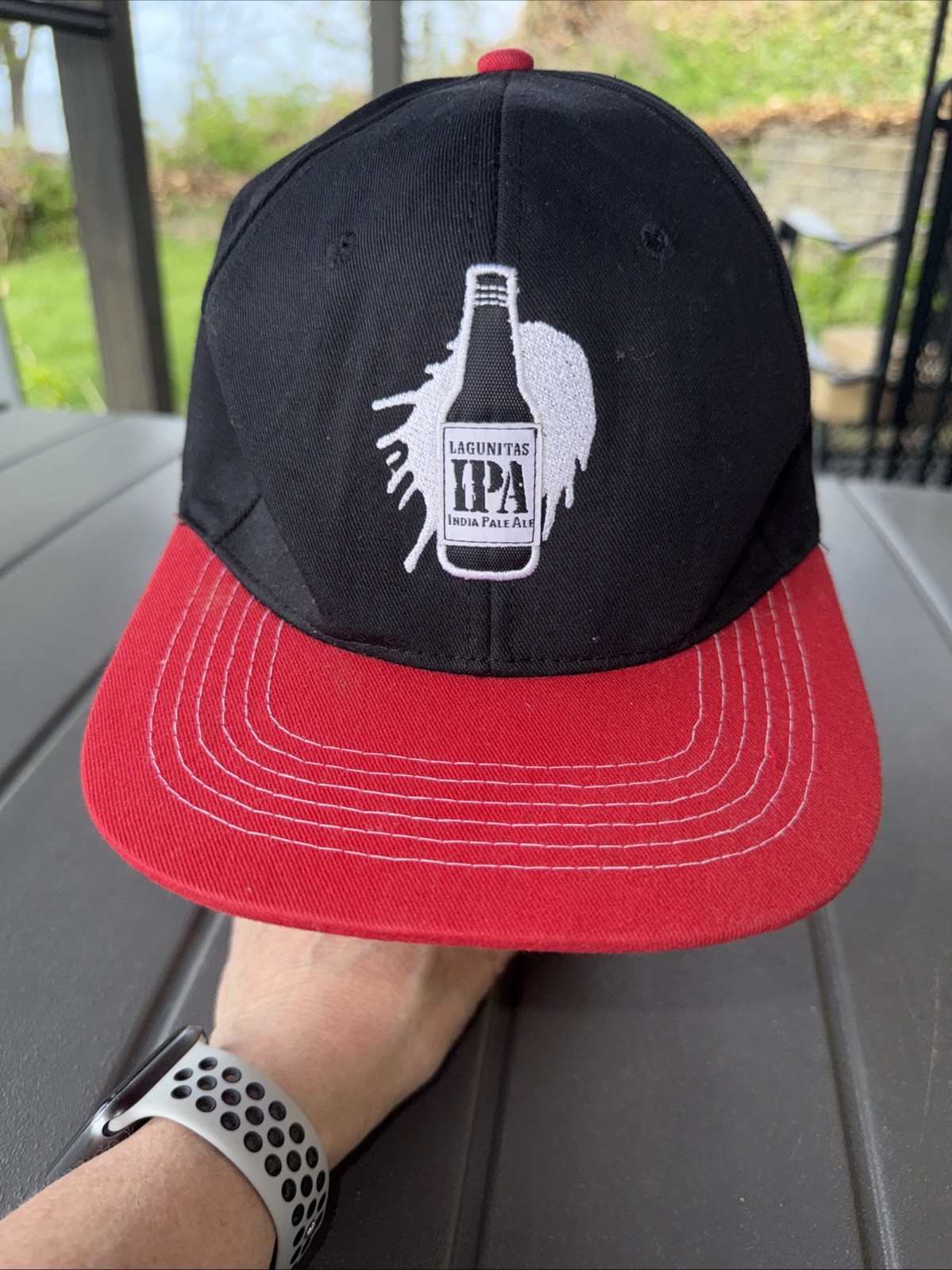 Lagunitas IPA India Pale Ale sparkle bottle patch on Black Hat Red bill Snapback