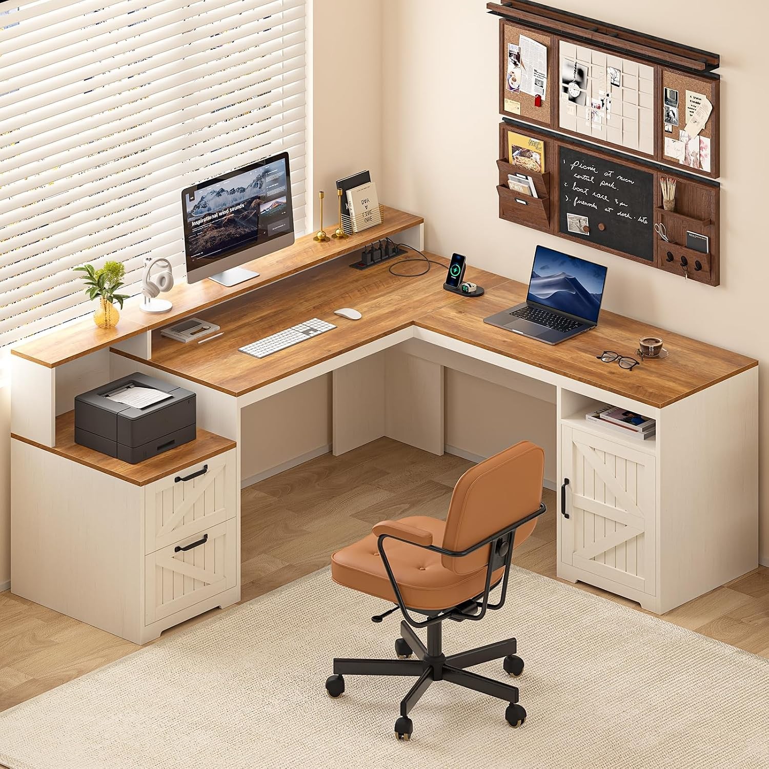 63" Farmhouse L Shaped Desk W/ Drawers & Printer Shelf Home Office Corner