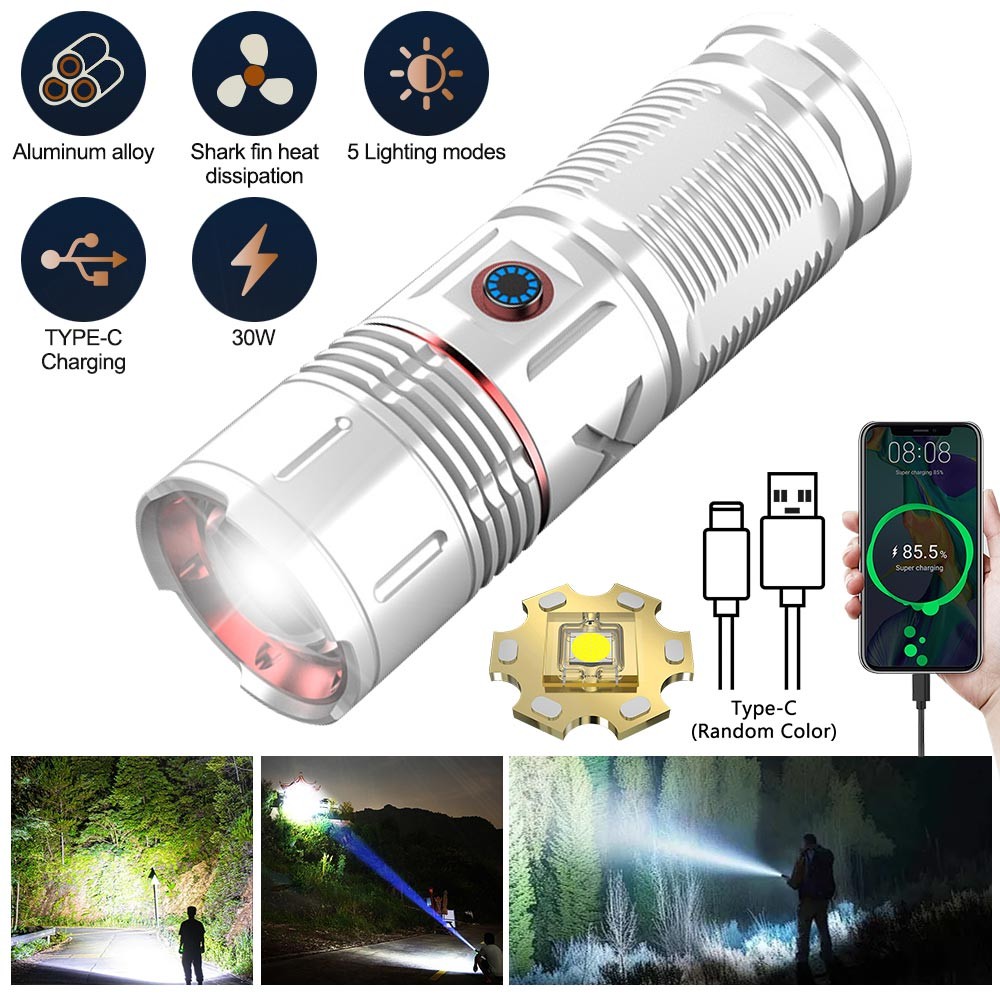 Super Bright White Laser LED Flashlight TYPE-C Charging Torch Zoomable Light US