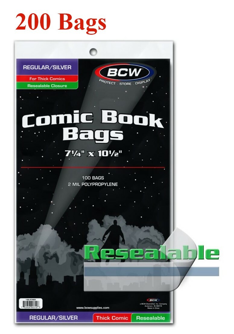200 BCW Comic Bags For Regular / Silver Thick Comic Books Resealable Acid Free