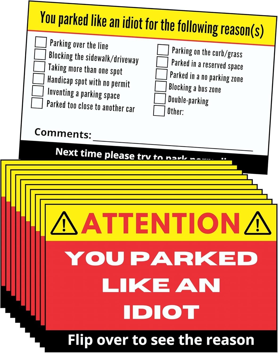 You Parked Like an Idiot (Pack of 100) Bad Parking Cards Practical Joke Card
