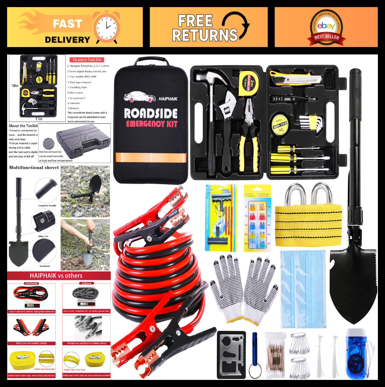 Car Emergency Kit with Jumper Cables, Roadside Safety Tools, Tow Strap & Shovel
