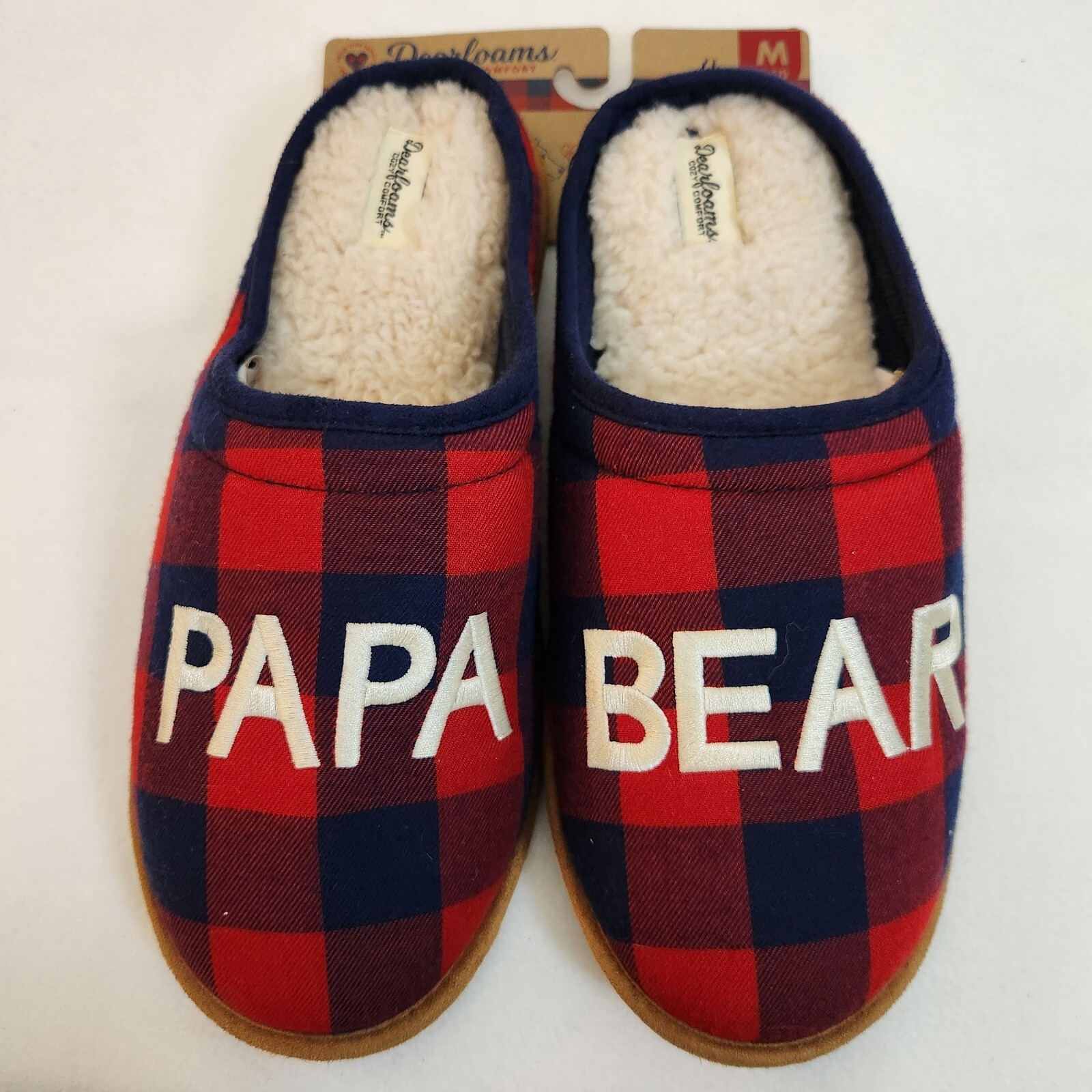 Dearfoam Men's Memory Foam "Papa Bear" Buffalo Plaid Faux Fur Slippers Sz. 9-10