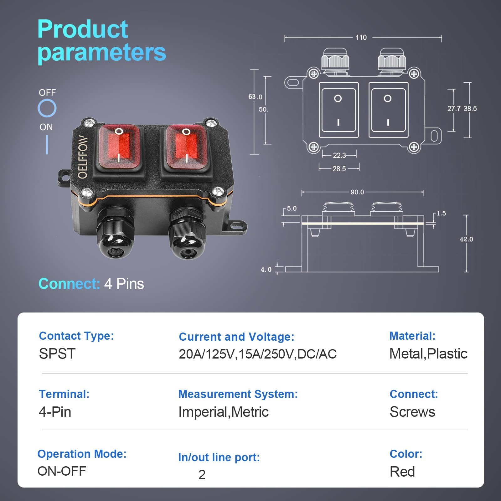 Waterproof Double Toggle Switch with Red Light Rocker Button - DPST AC/DC 20A-12