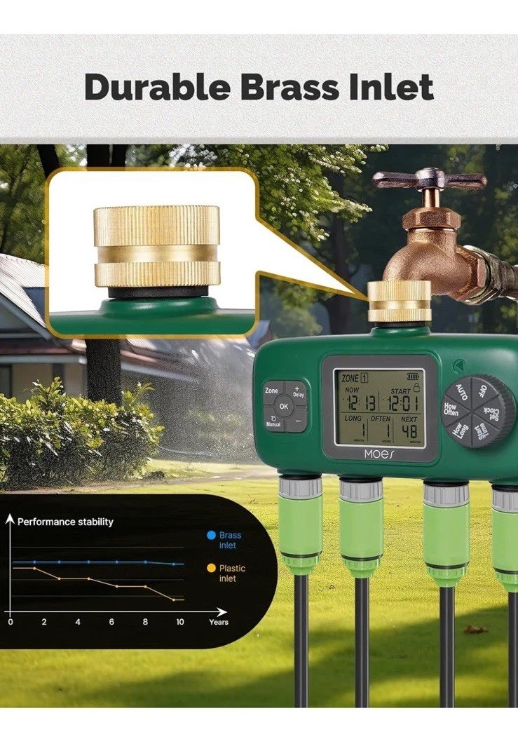 MOES 4 Outlet Sprinkler Timer Brass Inlet Programmable Irrigation Controller New