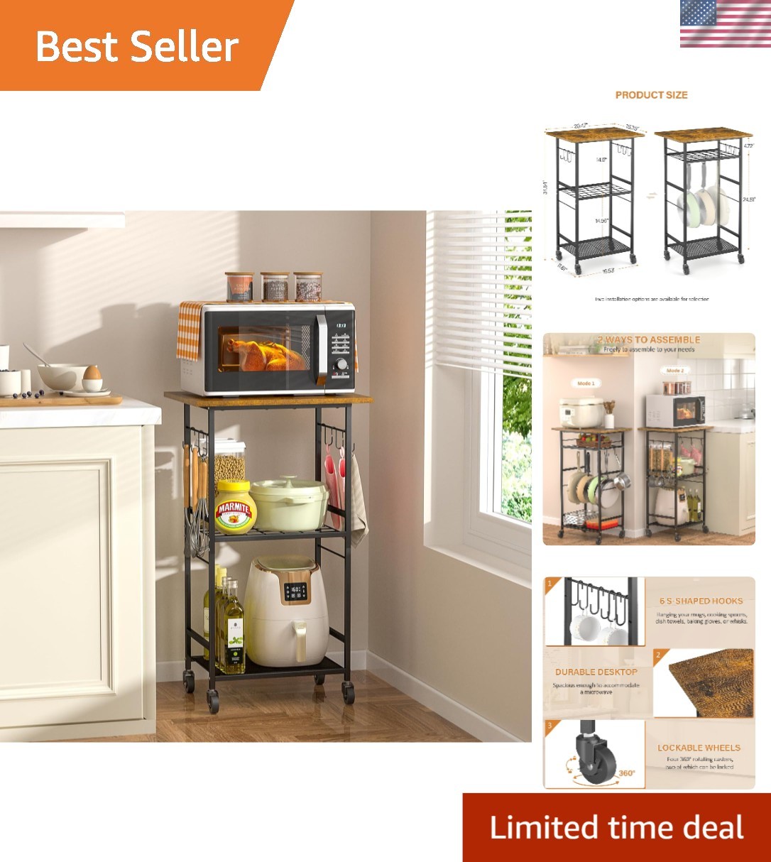 Kitchen Storage Cart Rolling Microwave Stand with 3 Tiers on Wheels