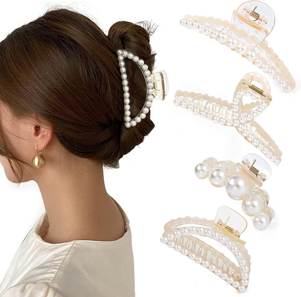 Lar Pearl Hair Claw Clips for Women Girls, Hair Barrette Clps