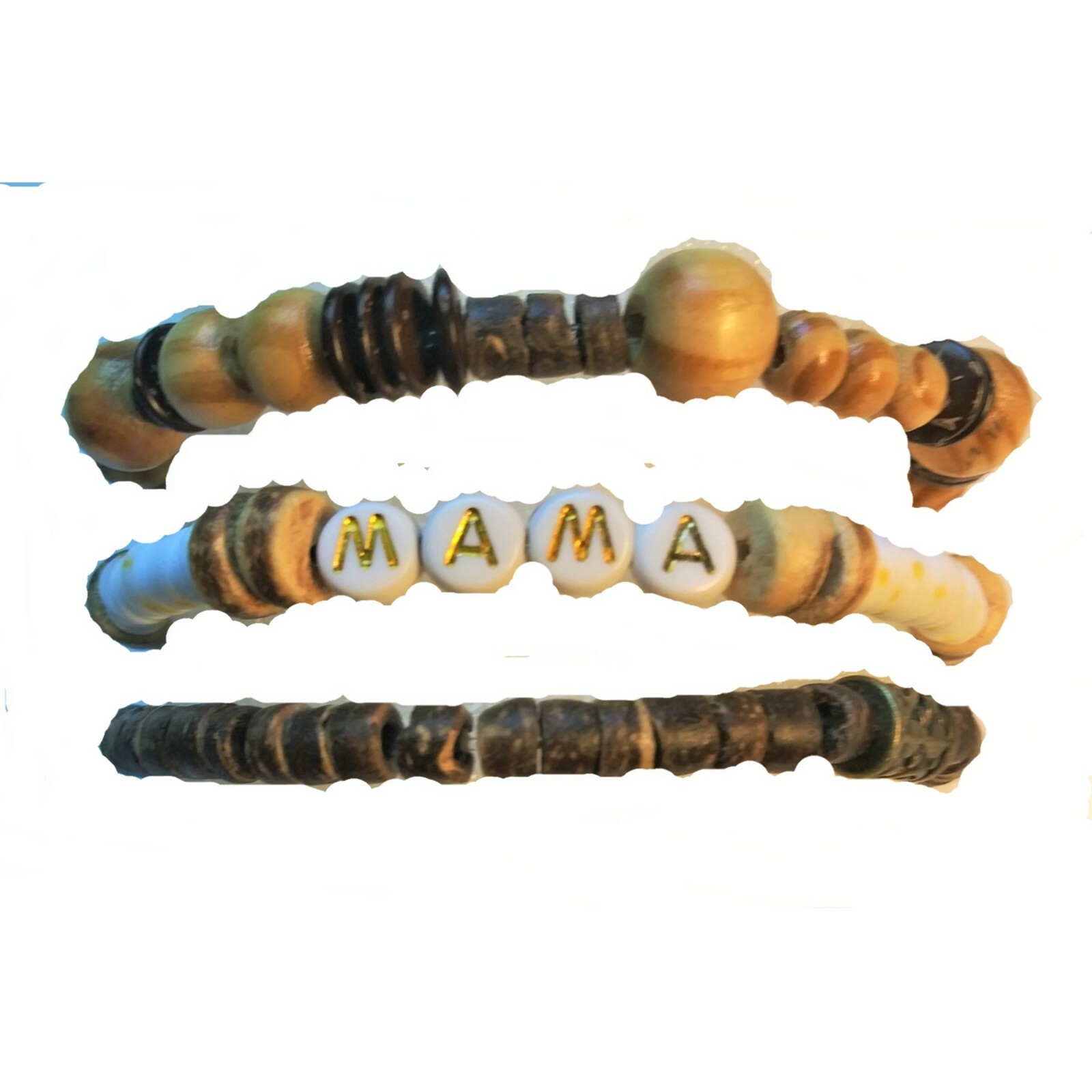 Mama Stretchy Bracelet Stack Wood Beads and Discs