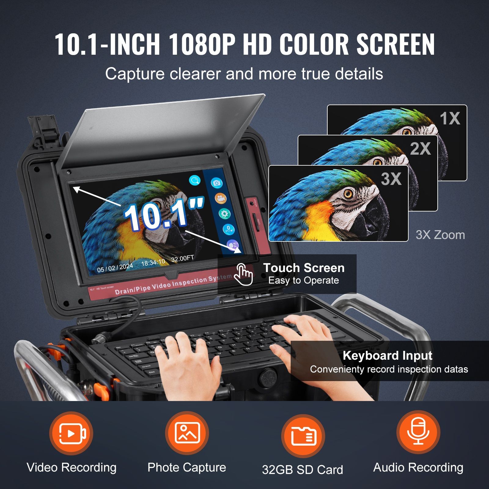 Sewer Camera 328ft 10.1 inch Touchscreen, Self Leveling IP68 Drain Inspection