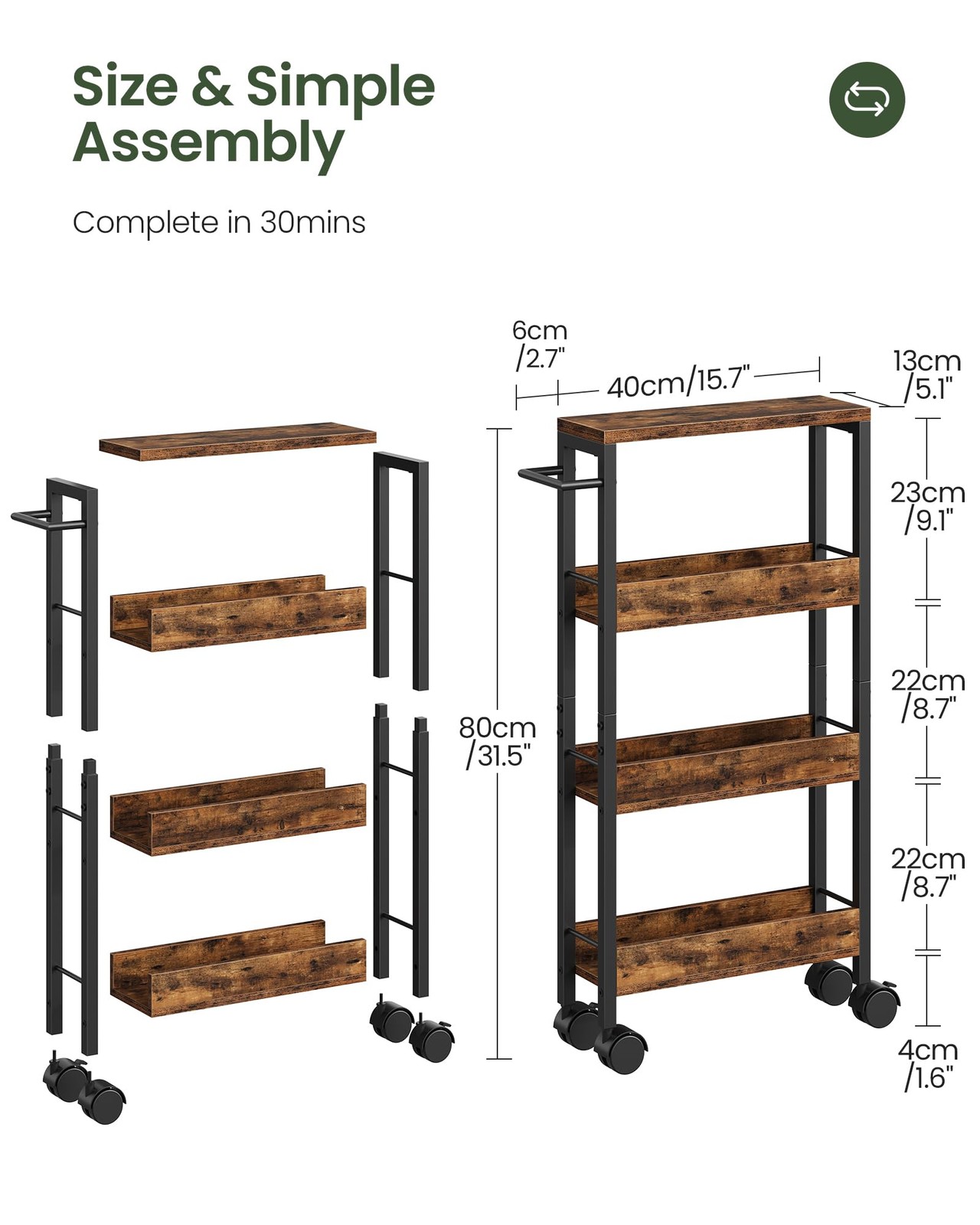 4Tier Slim Storage Cart 5.1 Inch Kitchen Serving Trolley Rustic Brown Black