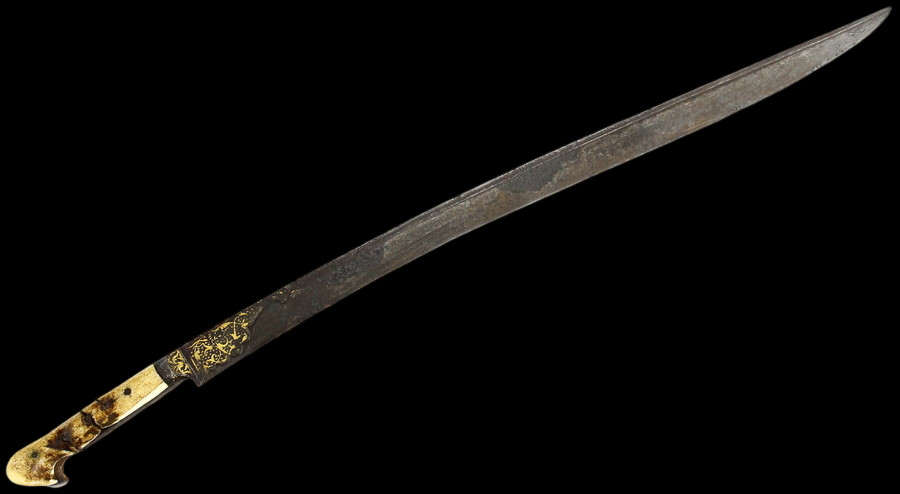 ANTIQUE RARE VERY EARLY OTTOMAN TURKISH "YATAGAN" SWORD, FINE GOLD WORK & GRIPS.