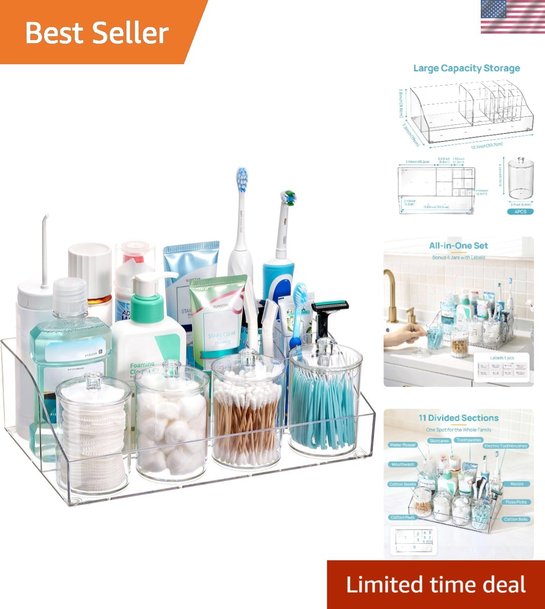 Bathroom Countertop Organizer Set with Divided Tray and 4 Storage Jars