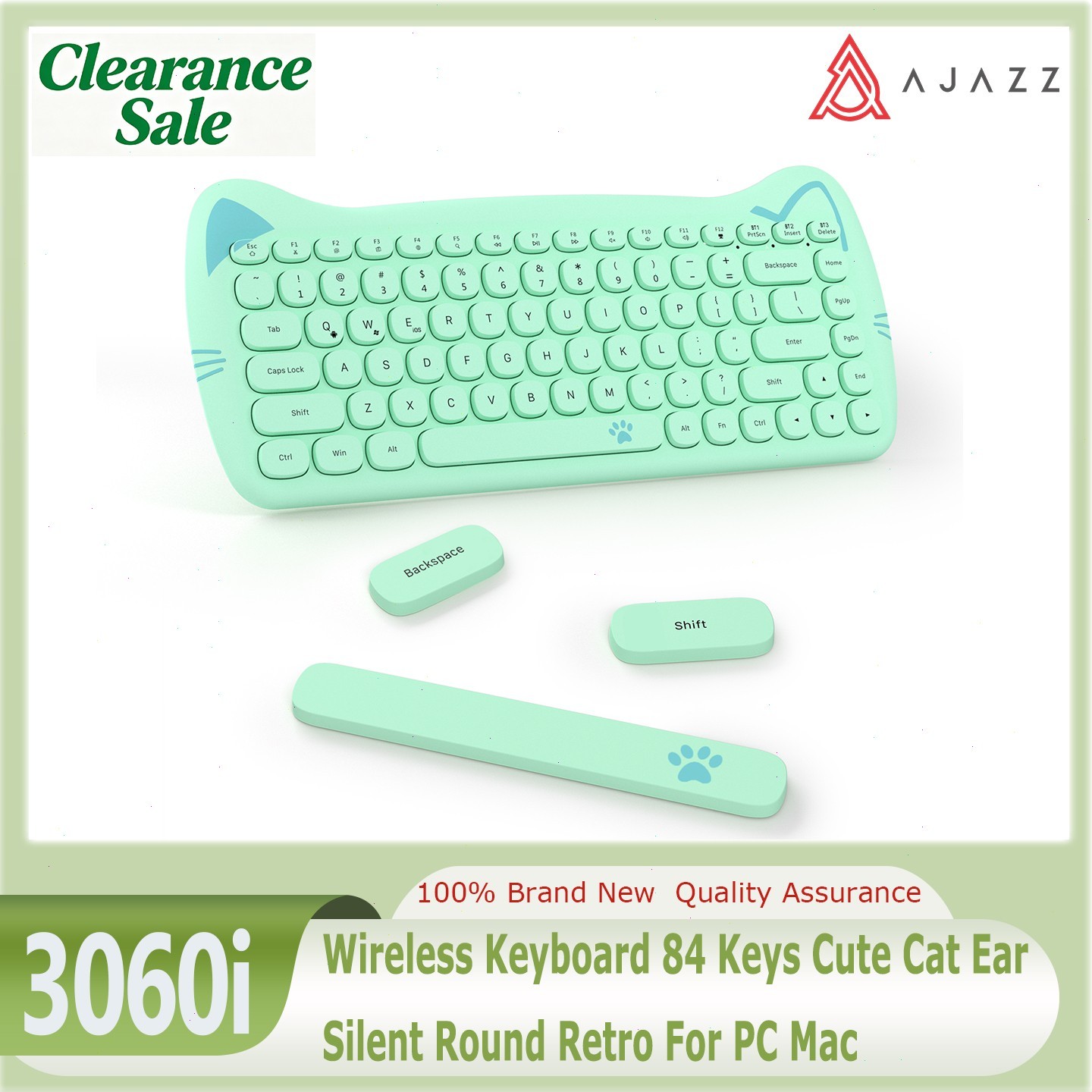 AJAZZ 3060i Wireless Keyboard 84 Keys Cute Cat Ear Silent Round Retro For PC Mac