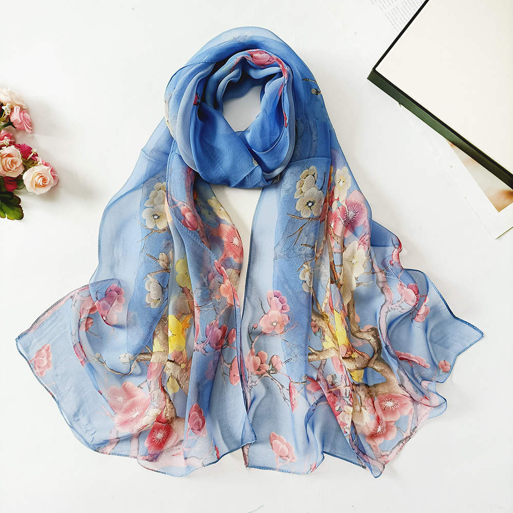 Blue Blossom Floral Fashion Scarf, Women's Chiffon Printed Soft Wrap 63 x 19 in