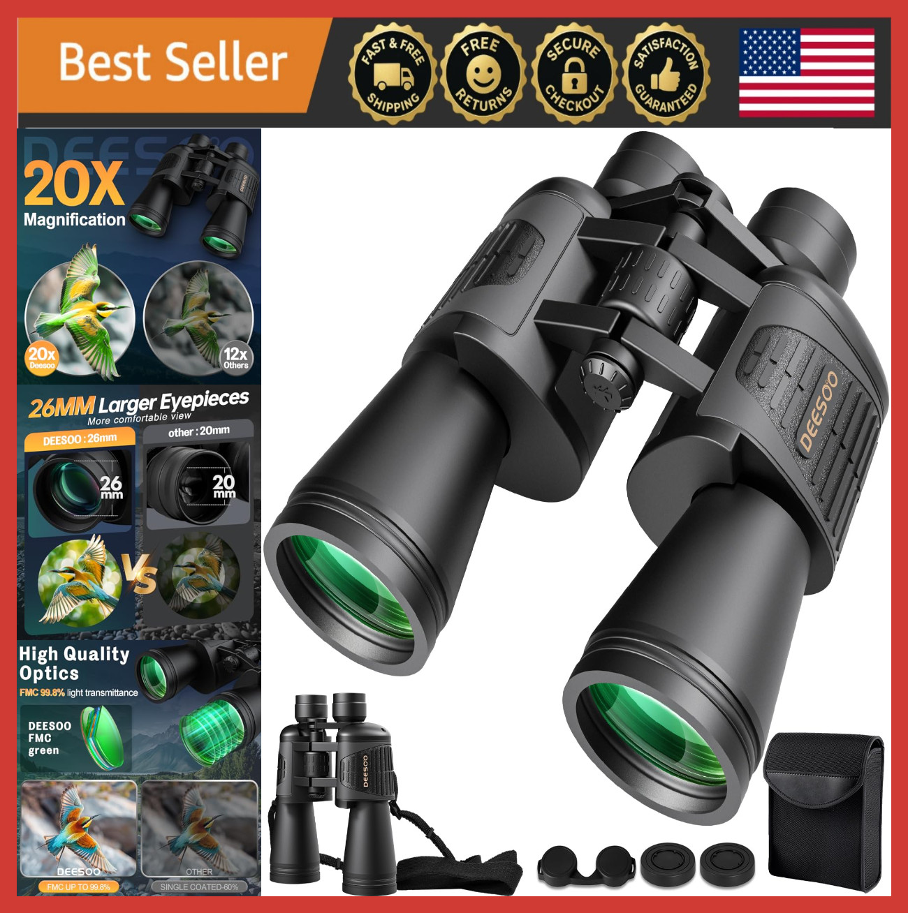High Power 20x52 Binoculars HD View, Low Light Vision for Bird Watching, Hunting