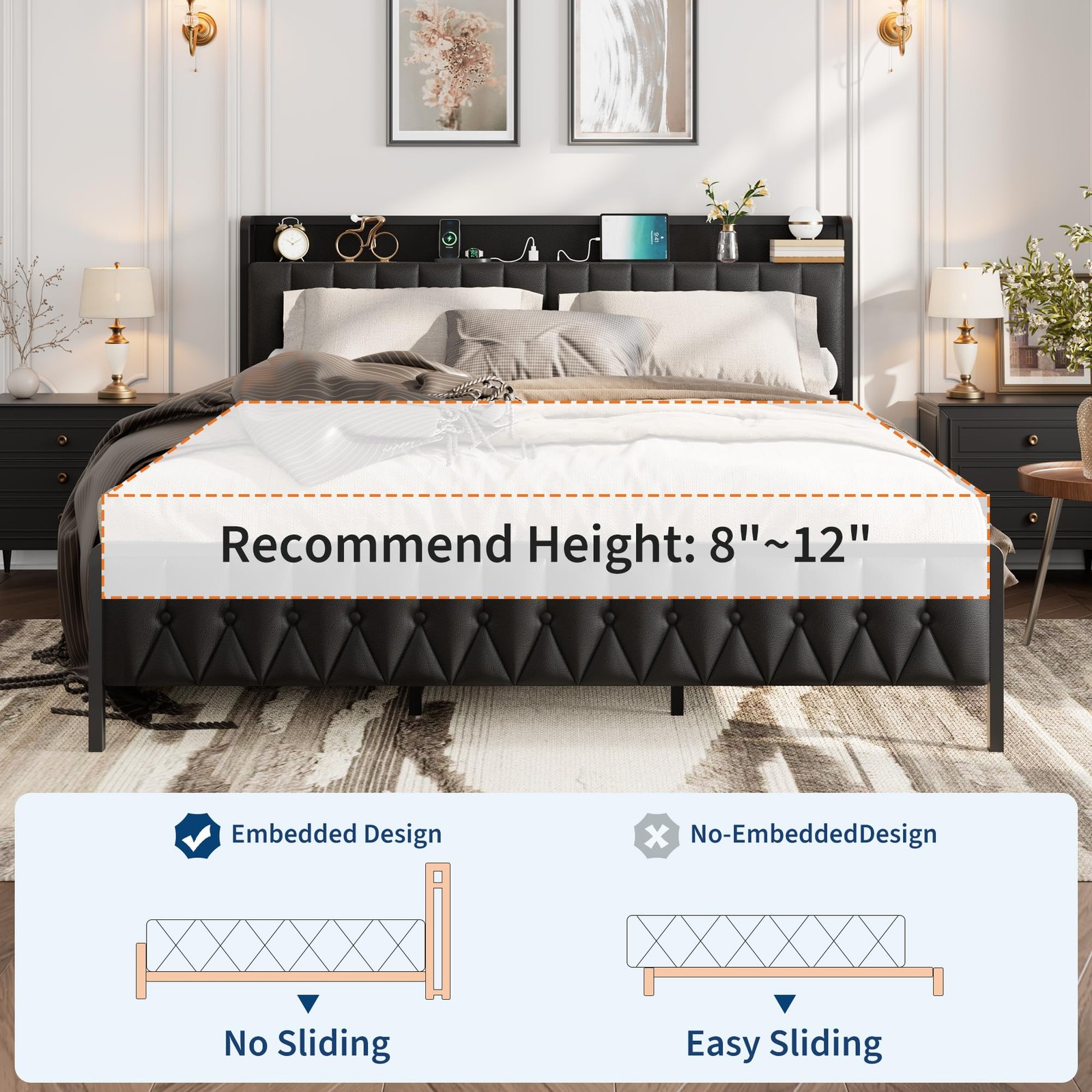 GRAVEE King Upholstered Platform Bed Frame w/Charging Station Underbed Storage