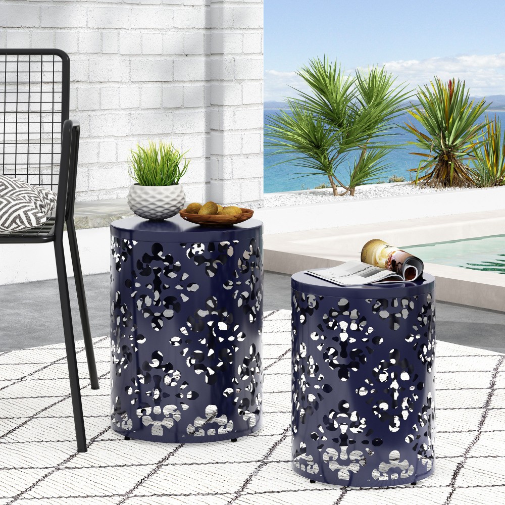 Modern Outdoor Side Table Set of 2, Navy Blue, Powder Coated Iron, No Cushions