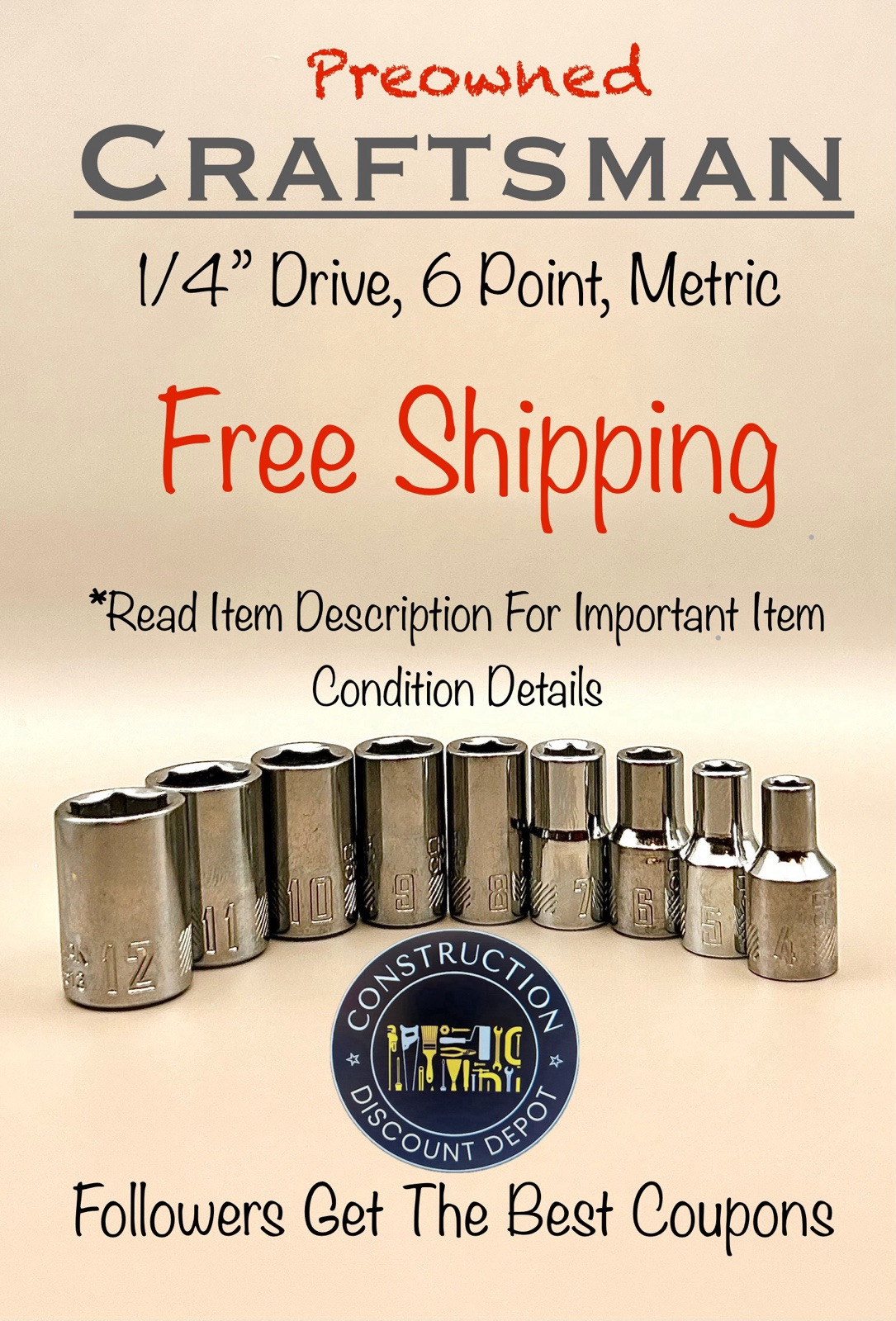 Used Craftsman  9 Pc. 1/4 in. Drive 6 Pt Metric Shallow Socket Set 4MM to 12 MM