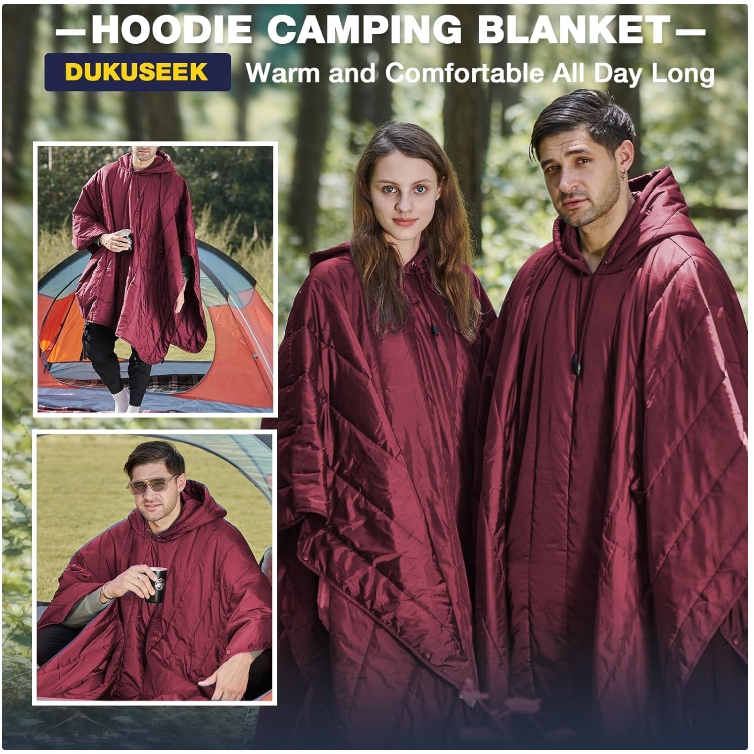 Large Wearable Outdoor Blanket, Hooded Quilt, Wine Red